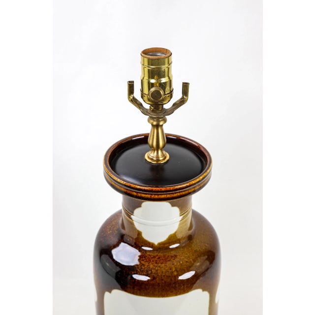 1920s Vintage Dark Olive Glazed Porcelain Vase Lamp With Blank White Windows For Sale - Image 5 of 7