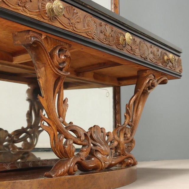 Console with Mirror in Walnut and Green Serpentine Marble For Sale - Image 8 of 12