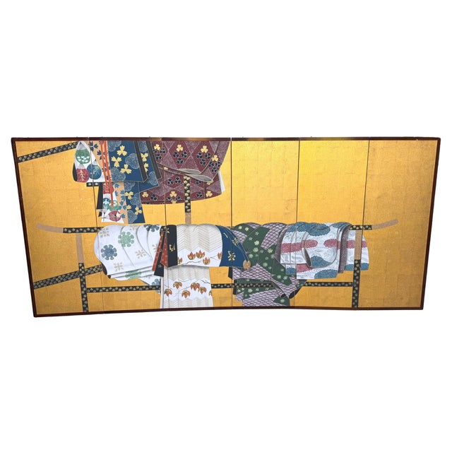 Metal Japanese Six-Panel Byōbu/ Screen Depicting Kimonos and Obi Draped on an Ikō Rac For Sale - Image 7 of 18