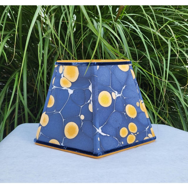 Marbled Paper Lampshade Indigo Blue Metallic Gold For Sale - Image 6 of 10