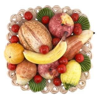 Italian Ceramic Bassano Majolica Trompe L’Oeil Fruit Centerpiece Basket For Sale