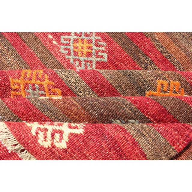 Colorful Red and Brown Striped Turkish Kilim Rug With Geometric Shapes For Sale - Image 12 of 13