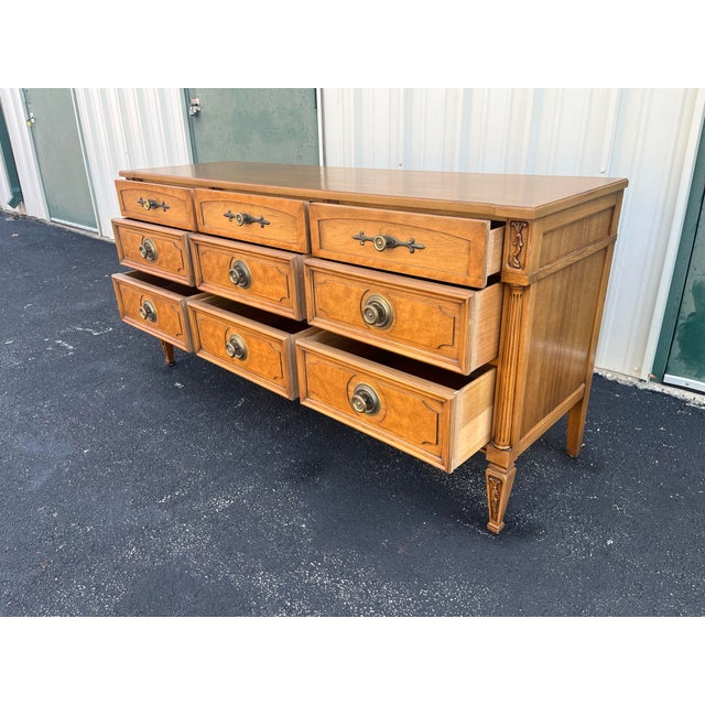 Wood Vintage 9-Drawer Neoclassical Fruitwood and Burl Dresser For Sale - Image 7 of 12