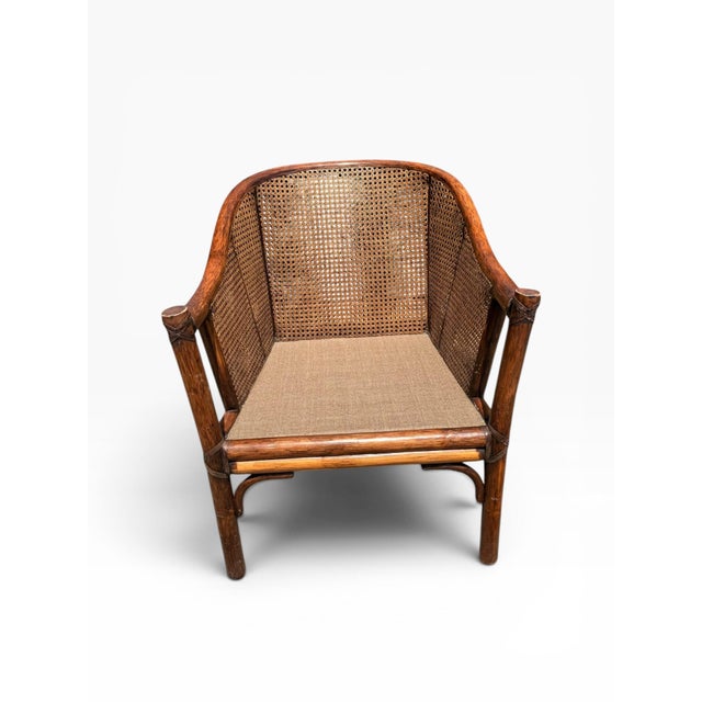 Tan Set of 4 Vintage McGuire San Francisco Bamboo Rattan & Cane Lounge Dining Armchairs For Sale - Image 8 of 17