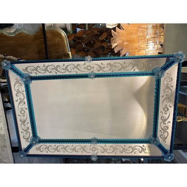 Venetian Blue Mirror with Hand-Carved Murano Glass Frame by Simoeng for Simoeng For Sale - Image 7 of 8