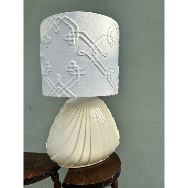 Metal 1960s White Ceramic Shell Lamp With Custom Boho Shade - Rewired For Sale - Image 7 of 7
