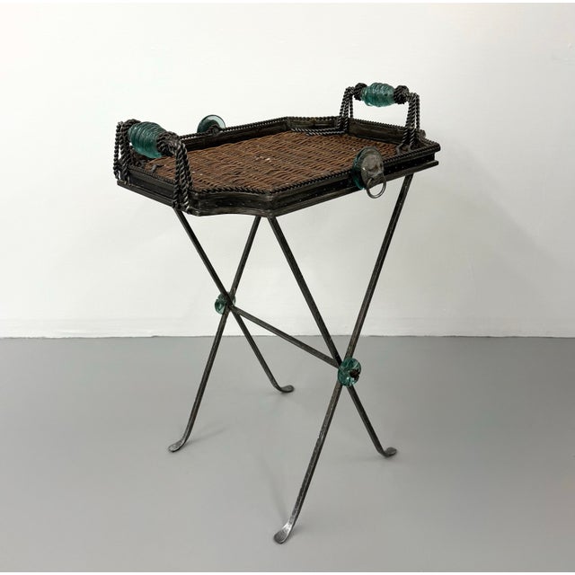 Wood Vintage Maitland-Smith Metal, Woven Rattan & Glass Tray Table For Sale - Image 7 of 7