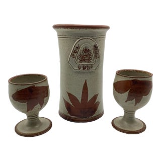 Mid-Century Signed Stoneware Vase and Two Mugs - 3 Piece Set For Sale
