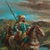 An antique and oversized Orientalist oil on canvas painting depicts soldiers on horseback crossing a river in countryside...