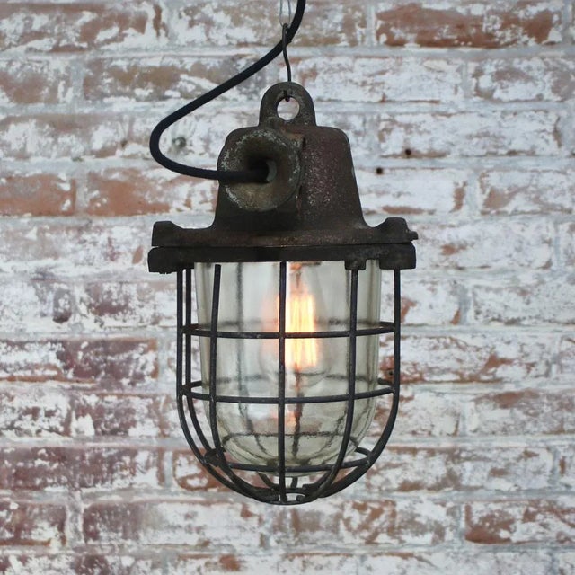 Vintage Industrial Clear Glass & Iron Pendant Lamp For Sale - Image 4 of 5