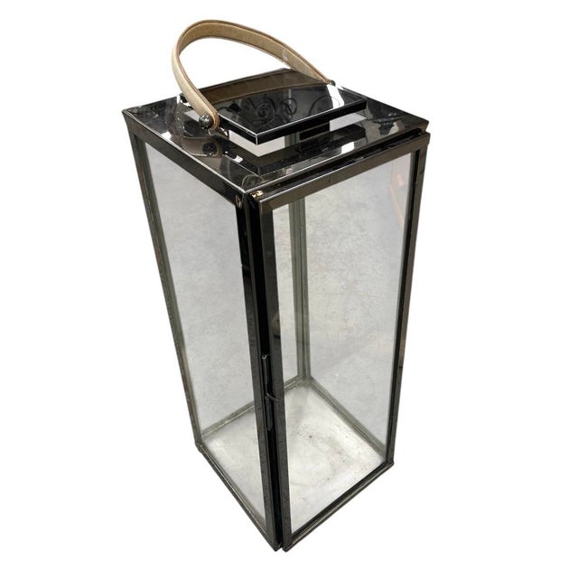 2000 - 2009 Vintage Modern Polished Gunmetal & Glass Floor Lantern With Tan Leather Handle For Sale - Image 5 of 12