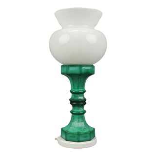 Czechoslovak Malachite Style Pressed Glass and Opaline Table Lamp, 1970s For Sale