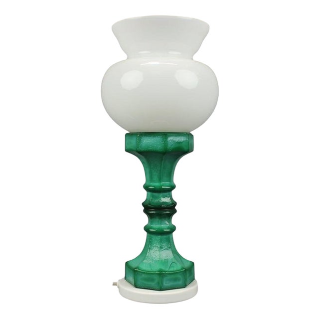Czechoslovak Malachite Style Pressed Glass and Opaline Table Lamp, 1970s For Sale