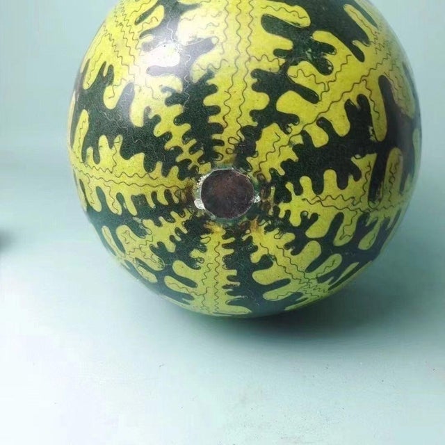Mid 20th Century Large Vintage Cloisonné Enamel Watermelon Figure – Copper Body, Green & Yellow Motif For Sale - Image 5 of 6