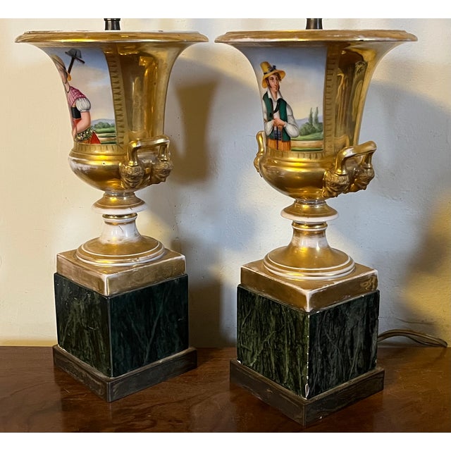 Antique Early 19th Century Old Paris Porcelain Urn Vases Decorated With Gardeners Now Mounted as Table Lamps - A Pair For Sale - Image 9 of 16