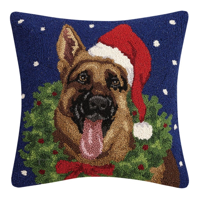 German Shepherd with Wreath Hook Pillow 18" x 18" For Sale