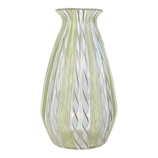 Murano Vintage Yellow Zanfirico White Aventurine Ribbon Italian Art Glass Mid-Century Flower Vase For Sale