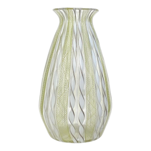 Murano Yellow Zanfirico White Aventurine Ribbon Vintage Italian Art Glass Mid-Century Flower Vase