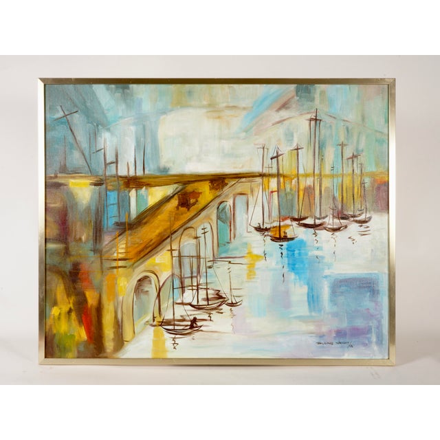 Metal 1970s Pauline Wright Sailboat Harbor Landscape Artwork For Sale - Image 7 of 7