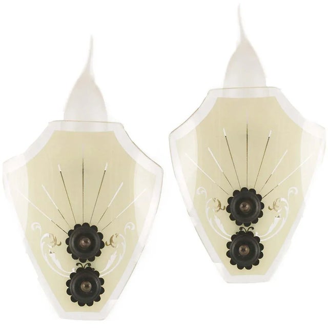 Lime Art Deco Pastel-Colored Glass & Burnished Bronze Sconces by Paolo Buffa for Strada Milano, 1940s, Set of 2 For Sale - Image 8 of 8