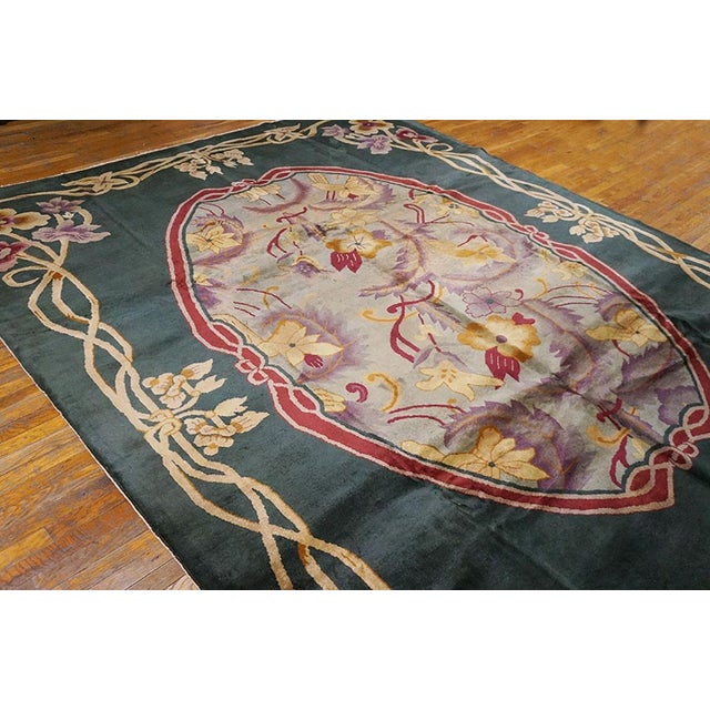 1920s Green Floral Medallion Antique Chinese Art Deco Rug 9' X 11'9" Handknotted Wool Carpet For Sale - Image 4 of 6