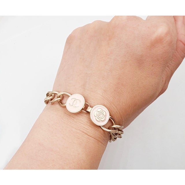 Contemporary Chanel Gold CC Camellia Pink Button Chain Bracelet For Sale - Image 3 of 5