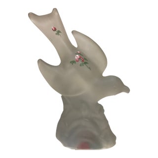 Vintage Le Smith Frosted Satin Glass Bird in Flight Dove Figurine Hand Painted Roses For Sale