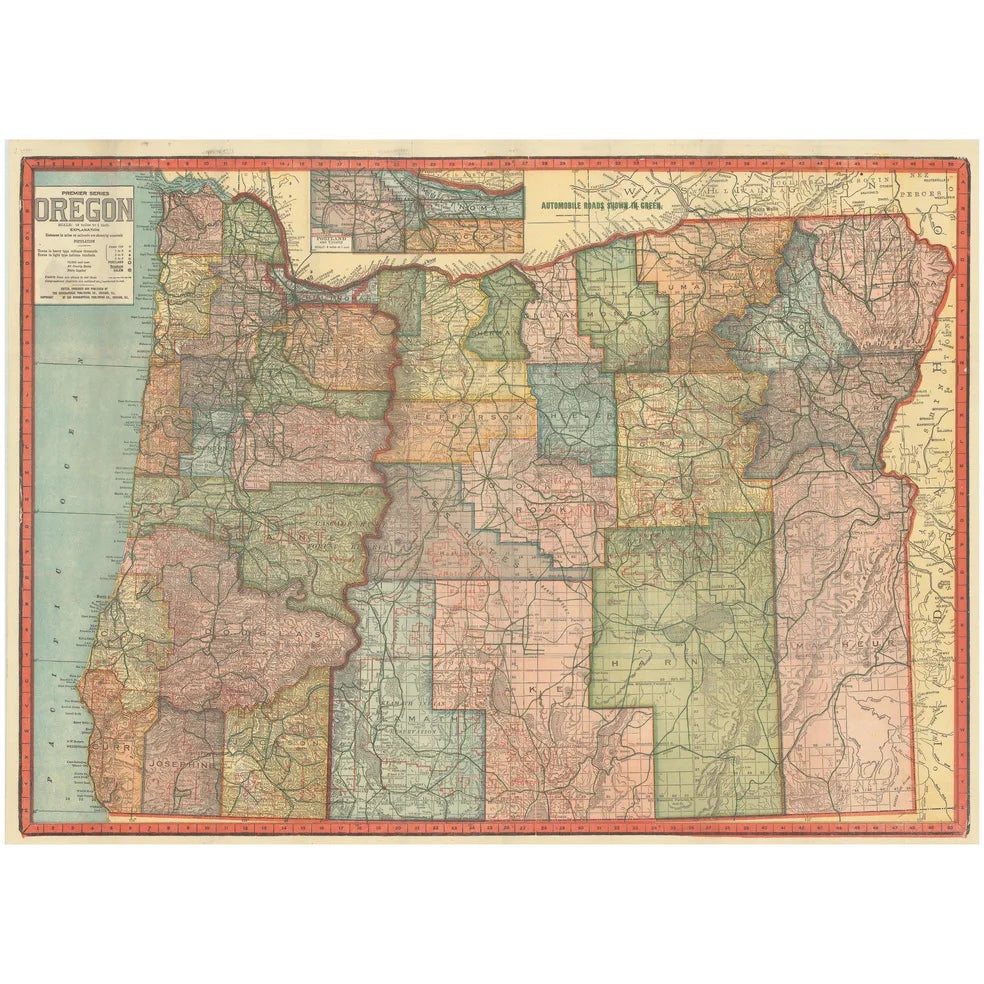 Road Map of Oregon with Portland Inset and Index Geographical Pub, 1915 ...