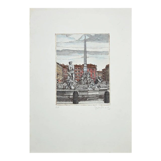 Giuseppe Malandrino, The Fountains of Piazza Navona, Etching, 1970s For Sale