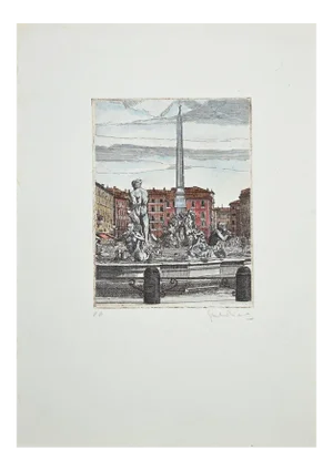 Giuseppe Malandrino, The Fountains of Piazza Navona, Etching, 1970s