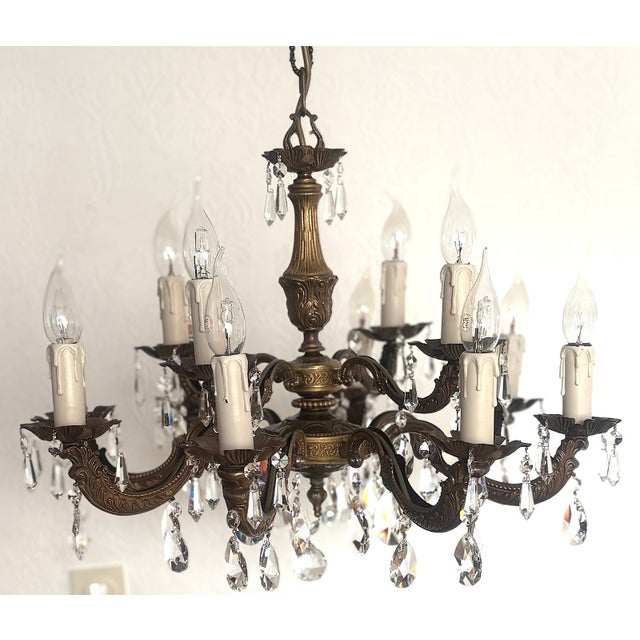 Antique French Brass and Lead Crystal 12-Light Chandelier, 1920s For Sale - Image 11 of 11