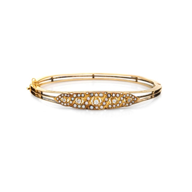 Antique Edwardian Bracelet Pearl Diamond 14k Yellow Gold Bangle Vintage Jewellery For Sale - Image 4 of 4