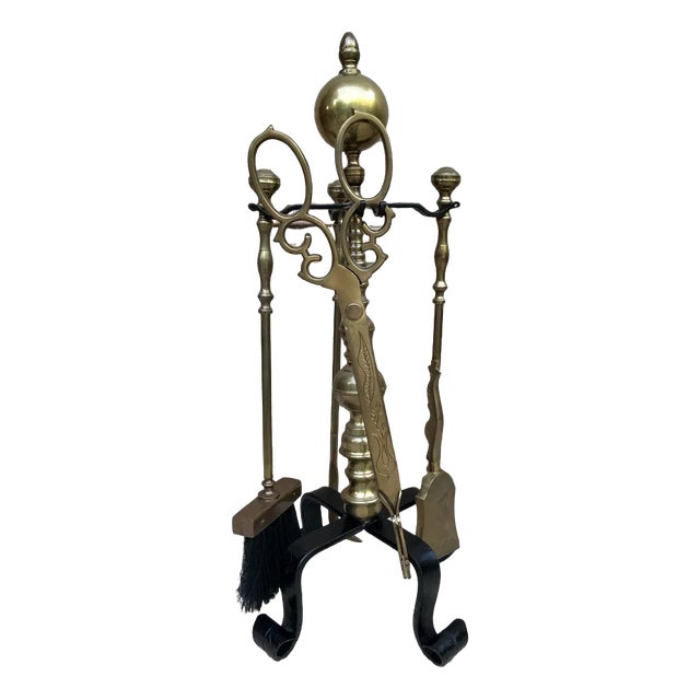 French Neoclassical style Brass Fireplace Tools, 1970s, Set of 5 For Sale