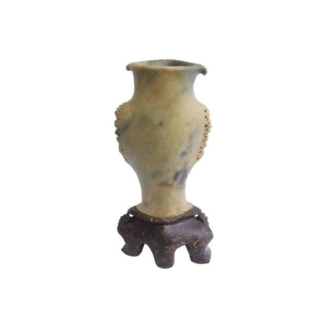 Chinese Mid 20th Century Large Chinese Hand-Carved Soapstone Vase With Floral, Butterfly & Bird Relief on Stand, 11.7"h For Sale - Image 3 of 10