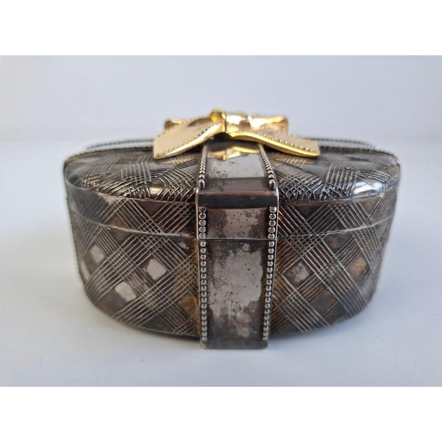 Metal Vintage Silver Tone Geometric Jewelry Box with Gold Bow, 1980 For Sale - Image 7 of 18