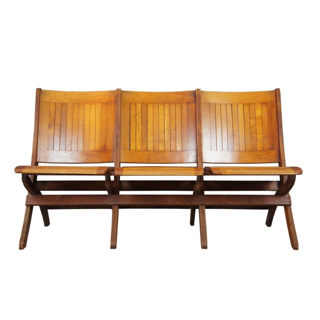 Mid Century Double Folding Wood Bench Chair 3 Seat Triple Tandem