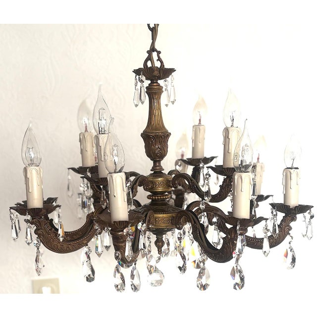 Antique French Brass and Lead Crystal 12-Light Chandelier, 1920s For Sale - Image 6 of 11
