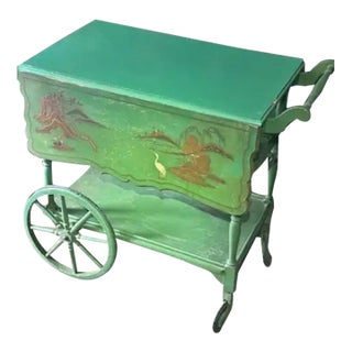 Antique 1920s Paalman Furniture Co Green Drophandle Teawagon Tea Cart W/ Asian Motif For Sale