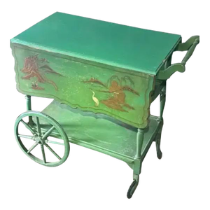 Antique 1920s Paalman Furniture Co Green Drophandle Teawagon Tea Cart W/ Asian Motif