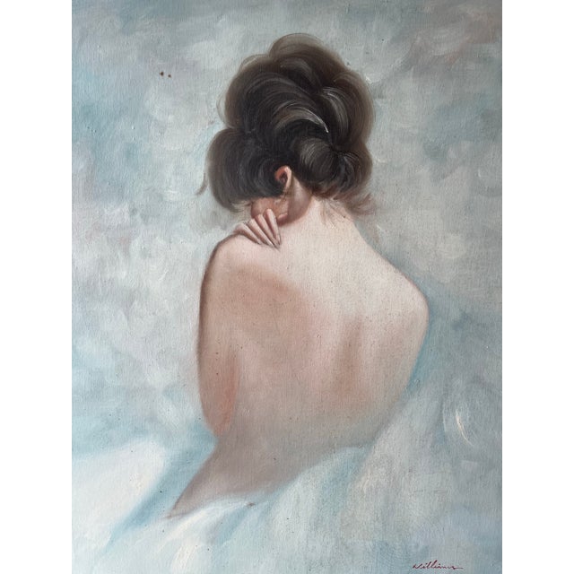 Blue Mid-Century Figurative Oil Painting of Female Nude, Signed Williams For Sale - Image 8 of 9
