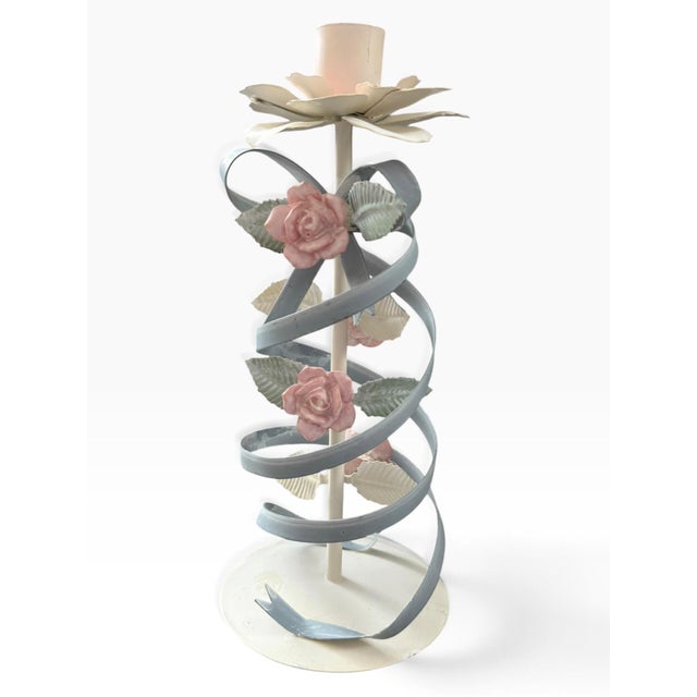 Shabby Chic Vintage Tole Ribbon & Floral Candlestick Holder, Blue Ribbon & Pastel Flowers For Sale - Image 3 of 6