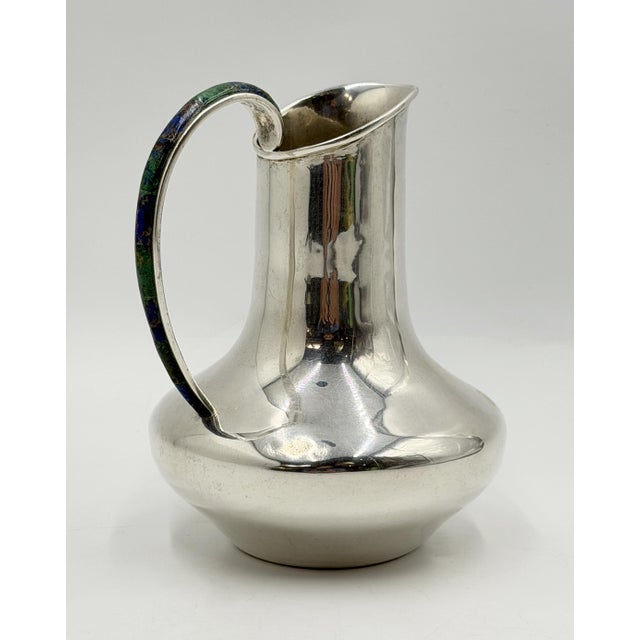 Mid-Century Modern Vintage Los Castillo Taxco Silver Plate, Malachite & Lapis Lazuli Water Pitcher For Sale - Image 3 of 18
