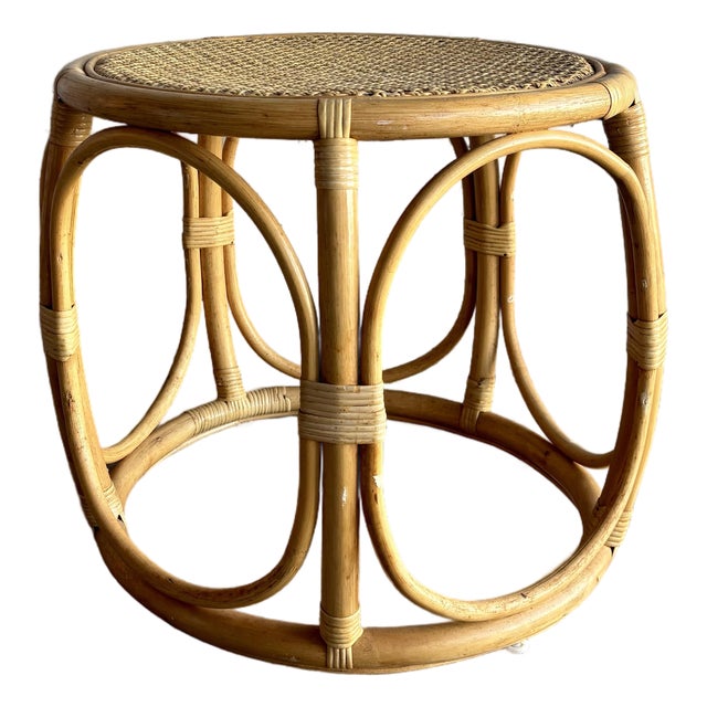 Vintage Coastal Mid Century Riviera Rattan and Cane Side Table For Sale