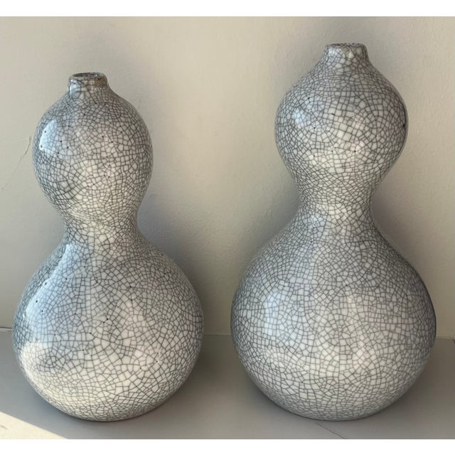 Ceramic Vintage Japanese Raku Crackle Glaze Studio Art Pottery Showa Period Gourd Shape Vases - A Pair For Sale - Image 7 of 17