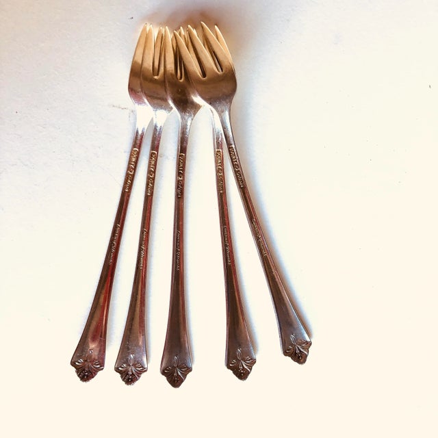 Vintage Society Deluxe Silver Plated "Queen of Flowers" Pattern Sea/Cocktail Forks- Set of 5 For Sale - Image 4 of 5