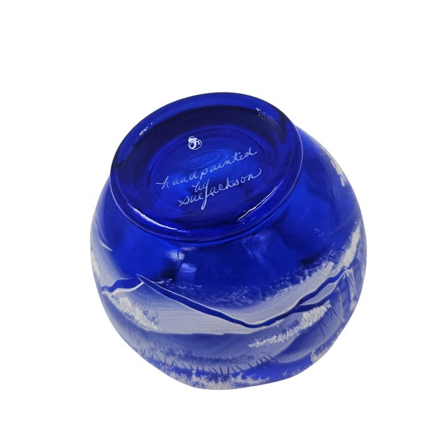 Nora Fenton Vintage Fenton Art GLASS-Winter Scene-Cobalt Ruffled Rose Bowl For Sale - Image 4 of 5