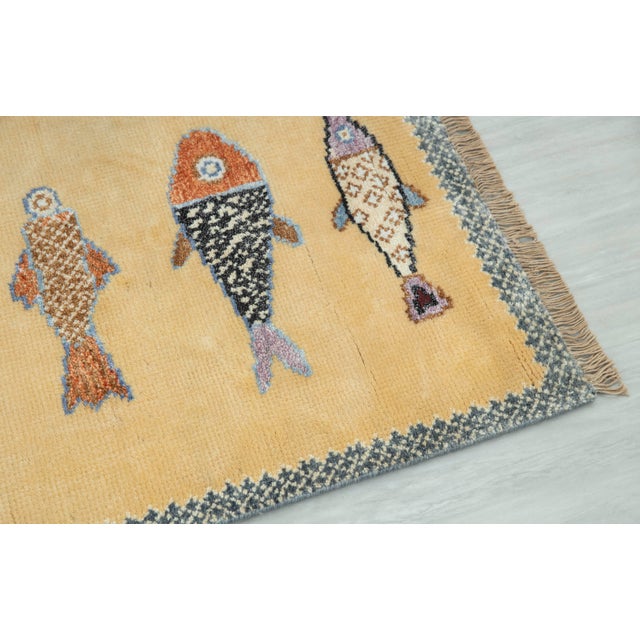 Boho Chic Koi Fish Yellow Hand Knotted Runner Rug 2.6x12Ft. For Sale - Image 3 of 15