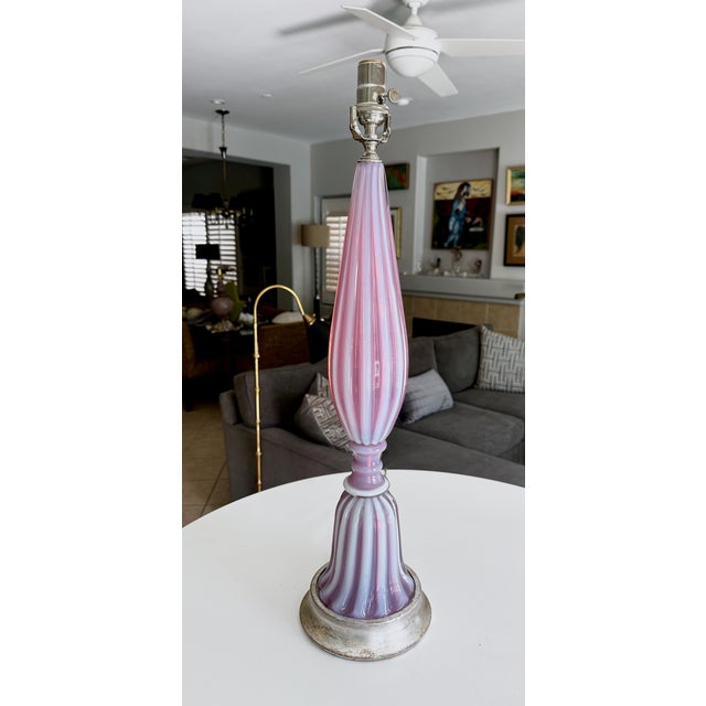Barovier & Toso Large Raspberry Lavender Opaline Murano Glass Ribbed Table Lamp by Barovier For Sale - Image 4 of 16