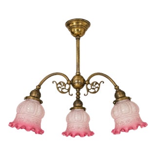 Early 20th Century Brass 3-Light Chandelier With Pink Glass Shades For Sale