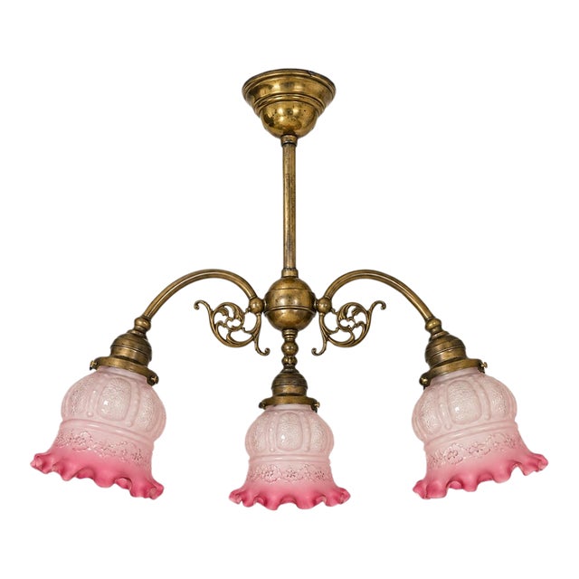 Early 20th Century Brass 3-Light Chandelier With Pink Glass Shades For Sale